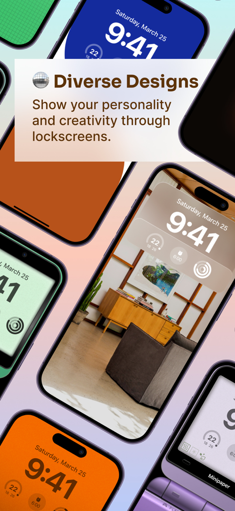 Minipaper: Wallpaper Maker - Eine Collage, die verschiedene minimalistische und farbenfrohe iPhone-Sperrbildschirm-Hintergrundbilder von der Minipaper-App zeigt