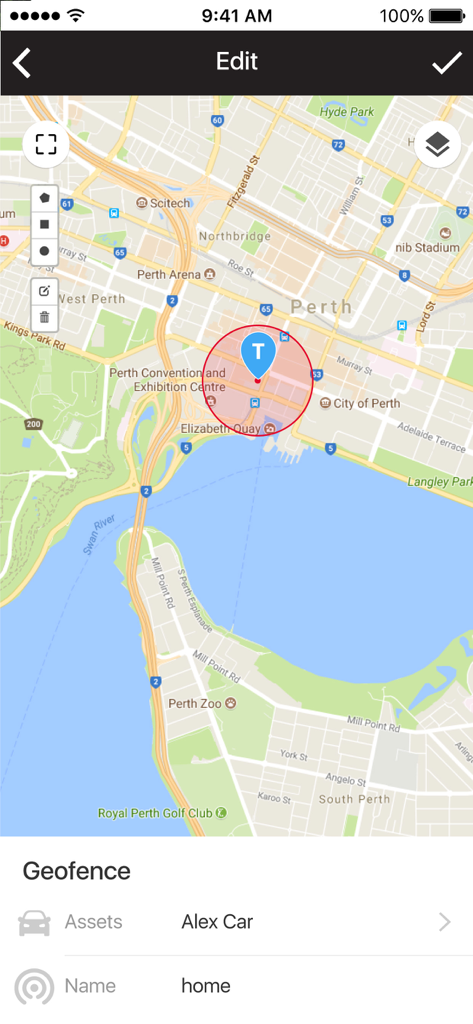 QuikTrak Pro - QuikTrak Pro App-Oberfläche mit einem roten kreisförmigen Geofence für die Fahrzeugverfolgung auf einer Karte