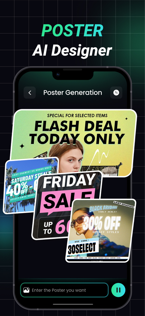Creafy – AI Design Agent - セールやフラッシュディール向けのAI生成プロモーションポスターを示すCreafyアプリのインターフェース