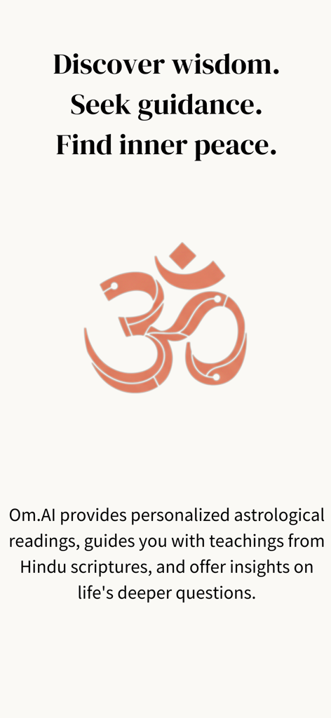 Om.AI – AI Astrology & Kundli - Welcome screen of Om.AI app featuring a stylized Om symbol and spiritual guidance text for inner peace and wisdom