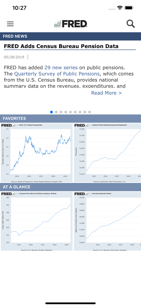 Mobile dashboard of the FRED Economic Data app featuring news updates and various economic charts including GDP and CPI.