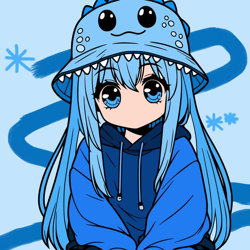 girl with anime shaped eyes with a dinosaur bucket hat oversized sweatshirt long straight hair