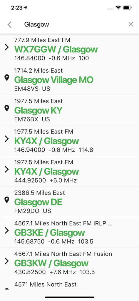 RepeaterBook - RepeaterBook app search results screen for Glasgow showing a list of ham radio repeaters with their frequencies and distances.