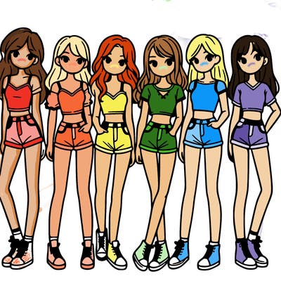a group of girls wearing crop tops and shorts