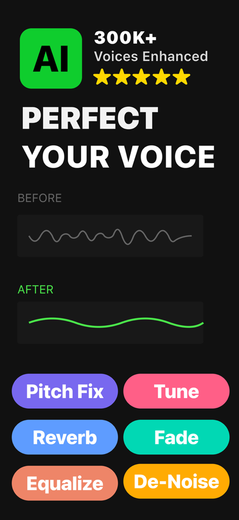 Voice Tune app interface showcasing AI voice enhancement and various vocal effects buttons