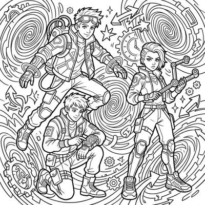 Unleash your creativity with this dynamic coloring page featuring teen temporal mercenaries on a thrilling mission. Perfect for teens who love futuristic adventures and intricate designs.
