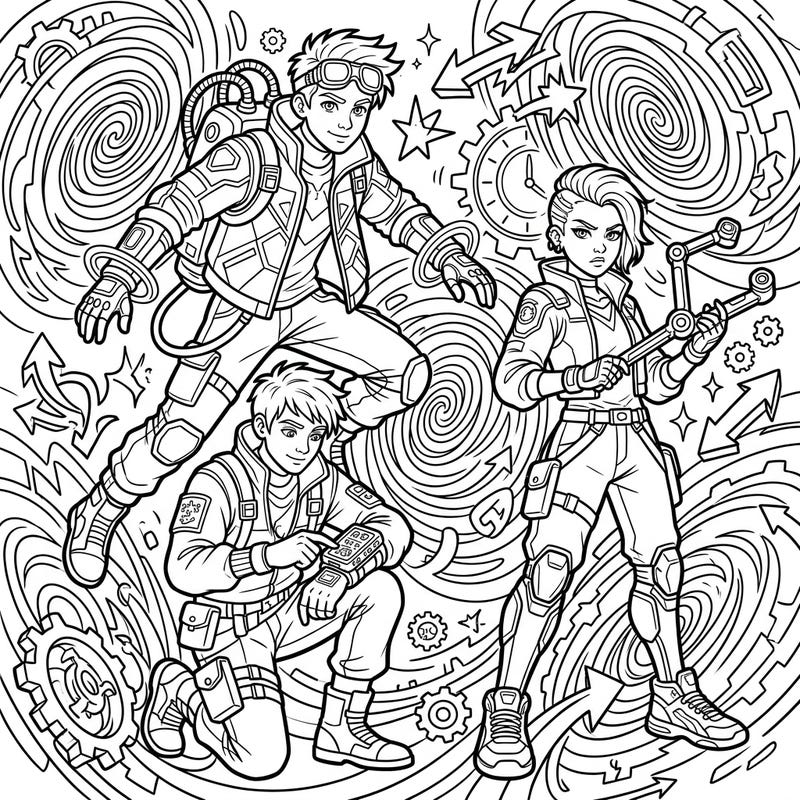 Unleash your creativity with this dynamic coloring page featuring teen temporal mercenaries on a thrilling mission. Perfect for teens who love futuristic adventures and intricate designs.