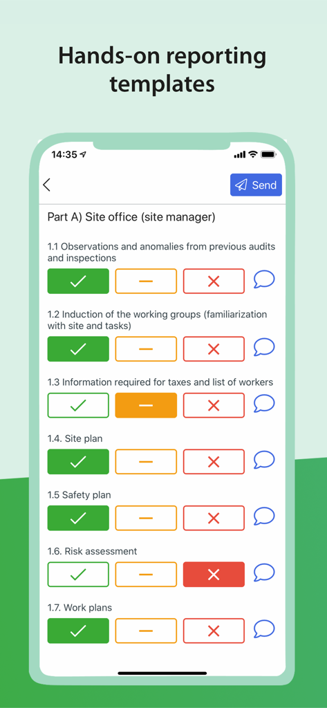 Quentic Mobile-App-Oberfläche mit einer Berichtsvorlage für das Baubüro mit Audit- und Sicherheits-Checklisten.