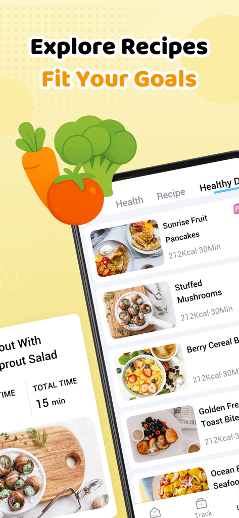 HeartEase: BP Tracker - Pantalla de la aplicación HeartEase que muestra una lista de recetas saludables para la salud del corazón como panqueques y champiñones rellenos con información sobre calorías y tiempo.