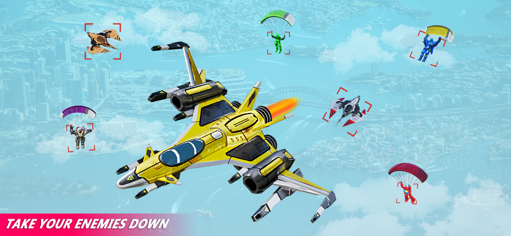 Yellow robot jet flying over a coastal city during an aerial battle with enemy robots