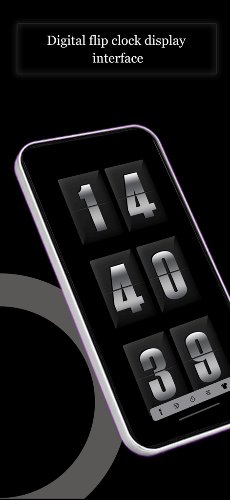 Uma interface de relógio flip digital em uma tela de smartphone com números retrô metálicos.