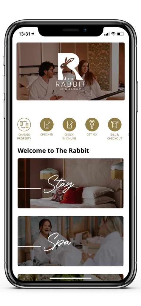 Galgorm Collection - The Rabbit Hotel and Retreat home screen in the Galgorm Collection app featuring check-in and spa options.