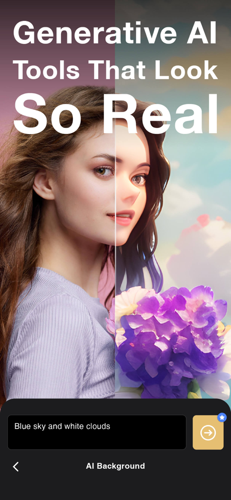 SoReal AI | Face Swap Changer - A split screen showing a real woman on the left and her AI-generated artistic avatar on the right with a custom background prompt.