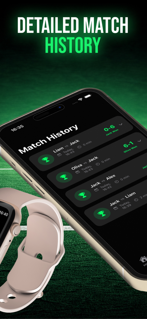 Un smartphone y un smartwatch mostrando un historial de partidos de tenis detallado con puntuaciones y nombres de jugadores de la app SetPoint.