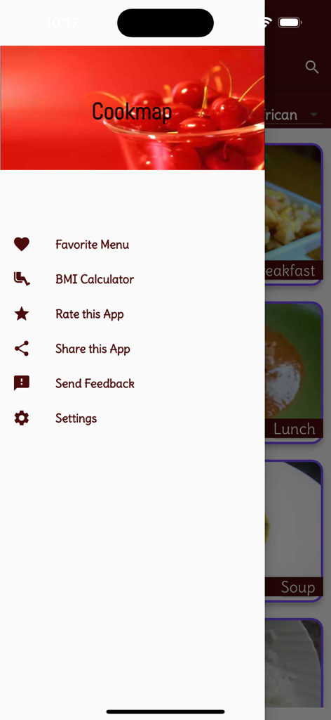 Intercontinental Food recipes - Side navigation menu of the Cookmap app showing Favorite Menu, BMI Calculator, and Settings.