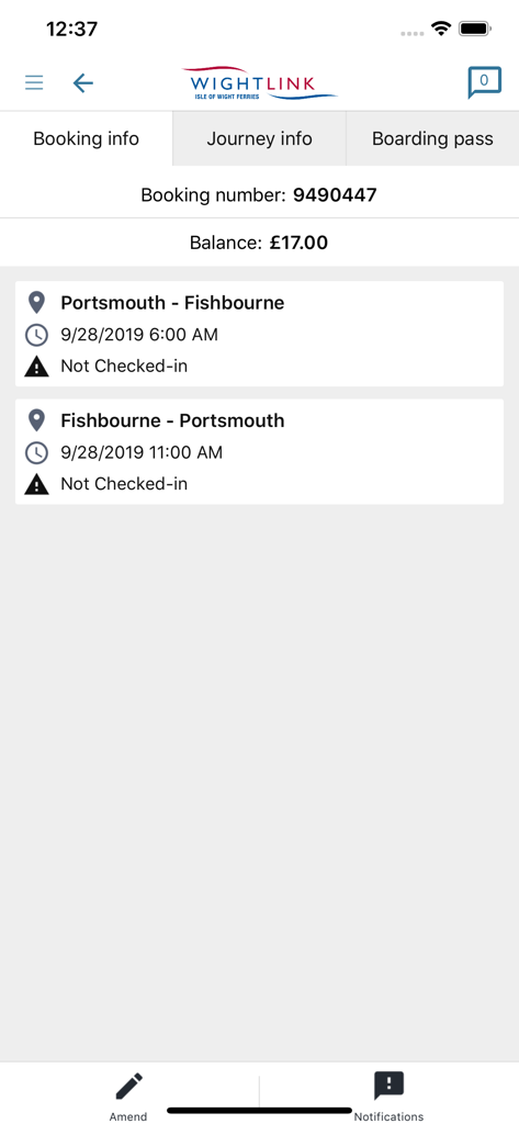 Mobile app interface showing Wightlink ferry booking information and journey times