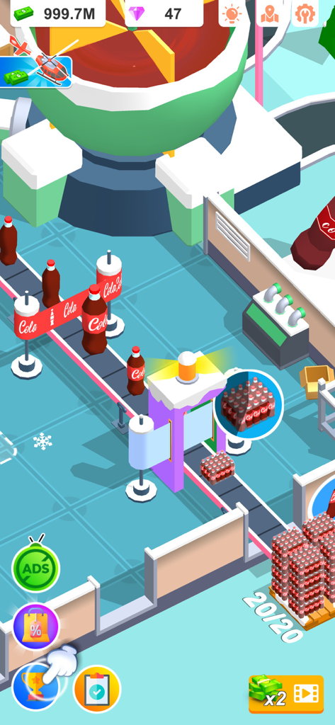 Idle Beverage Empire - Vue de gameplay d'une chaîne de production de cola et d'une station d'emballage automatisée dans Idle Beverage Empire