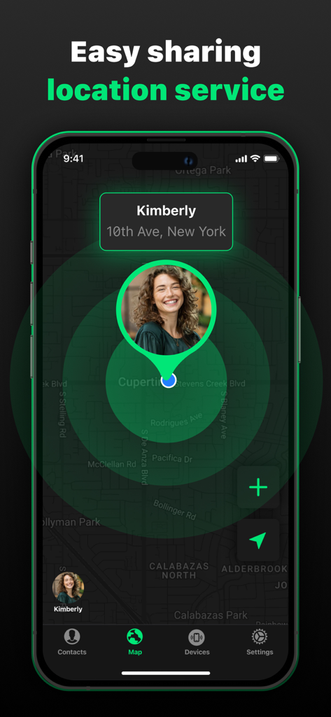 Find Us: Phone Number Tracker - Find Us app interface showing a contact location on a New York map