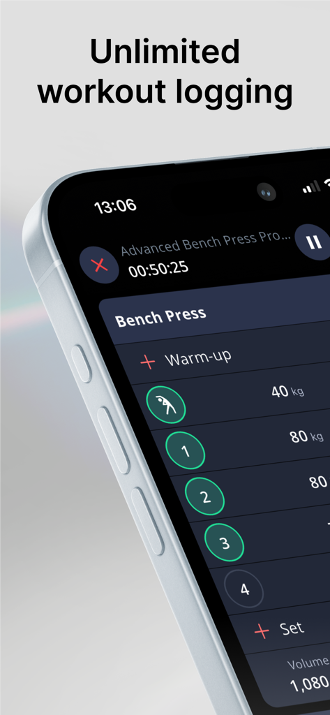 StrengthLog – Workout Tracker - Schermata dello smartphone che mostra la funzione di registrazione degli allenamenti dell'app StrengthLog per esercizi di panca.