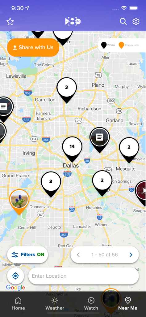 WFAA - News from North Texas - Mapa interactivo en la aplicación de noticias WFAA que muestra informes locales y actualizaciones comunitarias en el área de Dallas-Fort Worth.