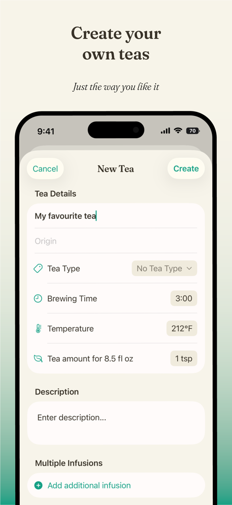 Tea Me - Tea Timer - Captura de tela do aplicativo Tea Me mostrando o formulário para criar um perfil de chá personalizado com configurações de tempo e temperatura de preparo.