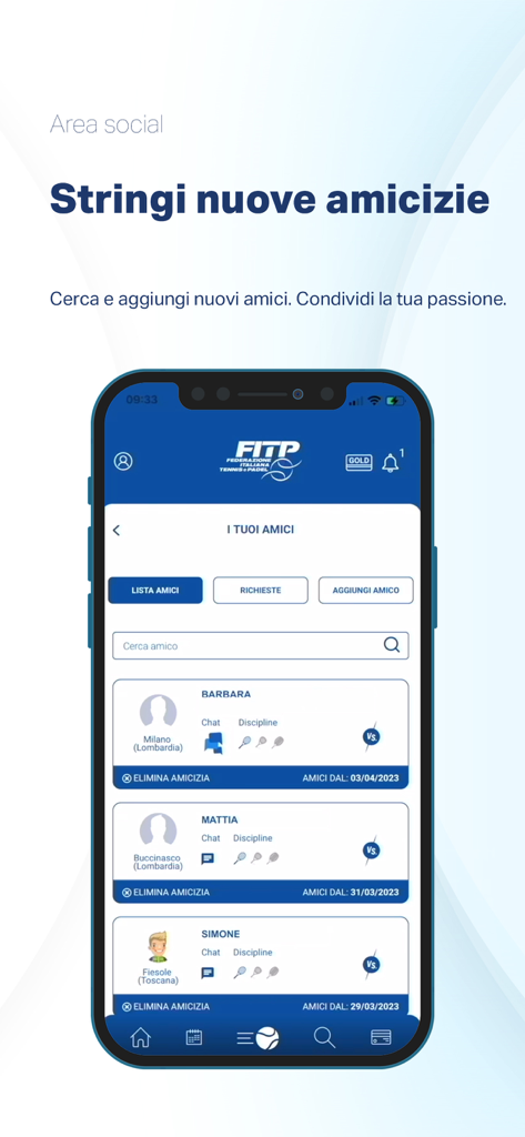 MyFITP - Una visualizzazione smartphone dell'area social dell'app MyFITP che mostra un elenco di amici sportivi e funzionalità di networking.