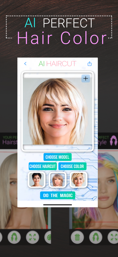 Perfect Hairstyle and Hair Cut - Interfaccia utente dell'app Perfect Hairstyle che mostra una trasformazione AI di taglio e colore dei capelli su una modella femminile