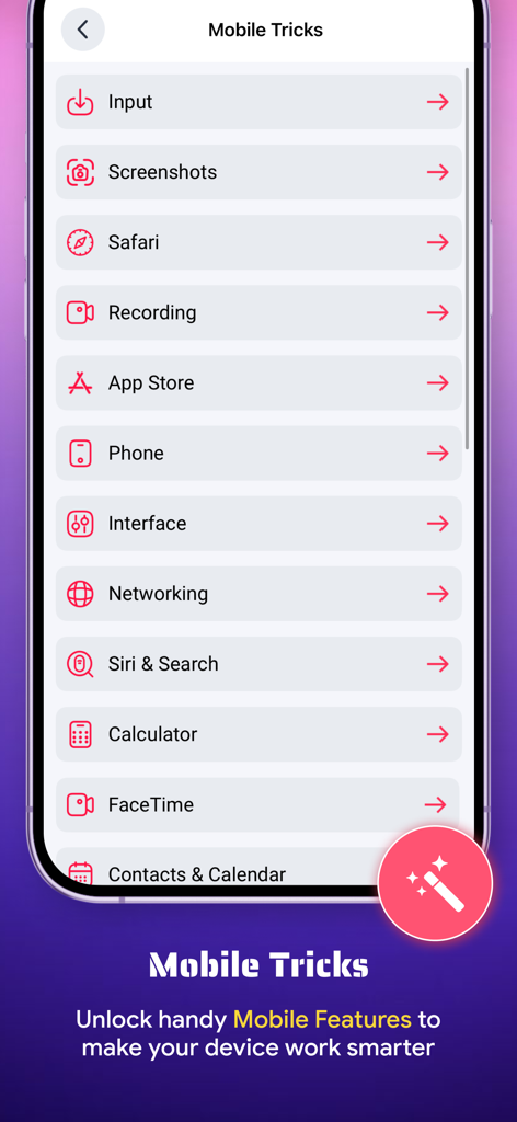 SIM Card Status Checker app Mobile Tricks screen showing a list of handy iOS features and categories for device optimization.