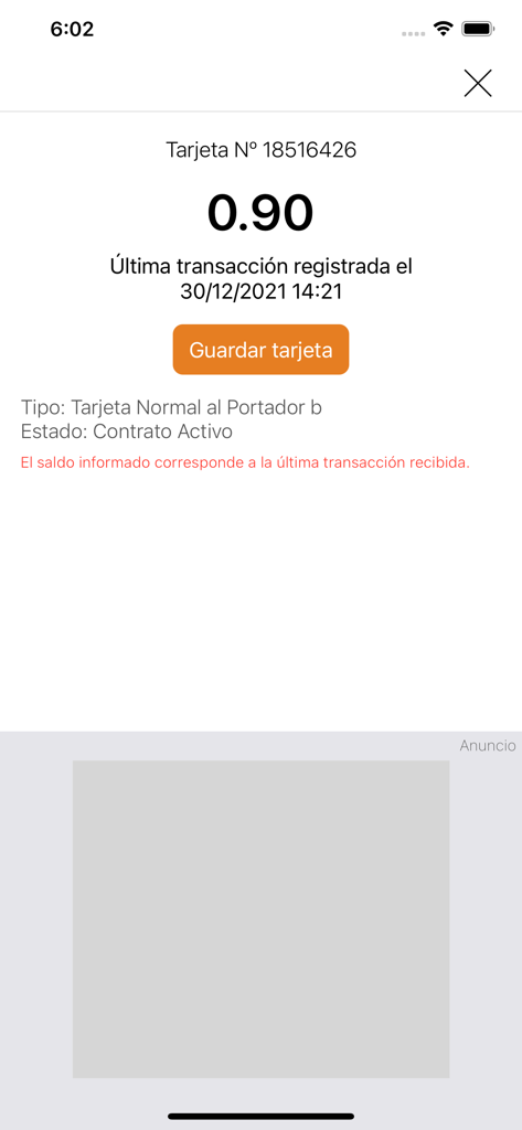 Pantalla de la aplicación móvil que muestra un saldo de 0.90 para una tarjeta de transporte Metro Bus de Panamá
