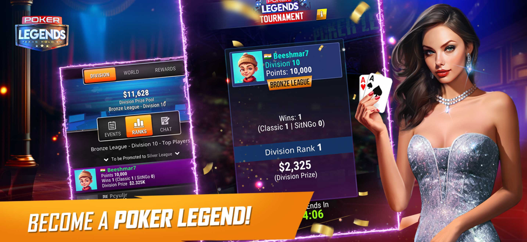 Texas Holdem: Poker Legends - A glamorous woman holding aces next to a poker tournament leaderboard showing rankings and player statistics
