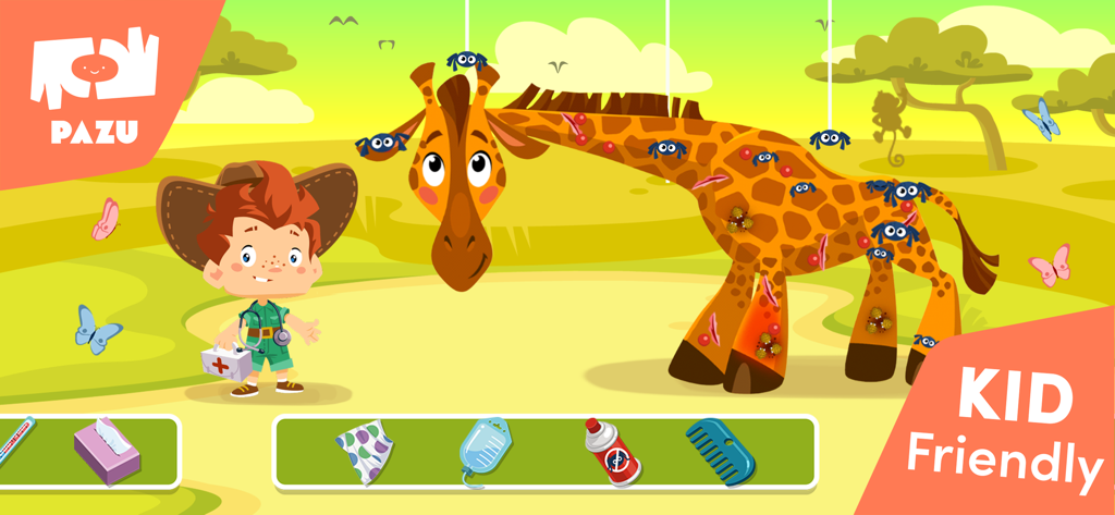 A kid vet character treating an injured giraffe in a safari setting