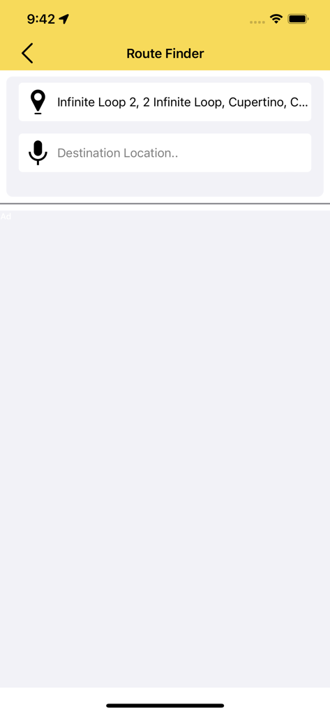 Route finder interface showing destination search and voice input options