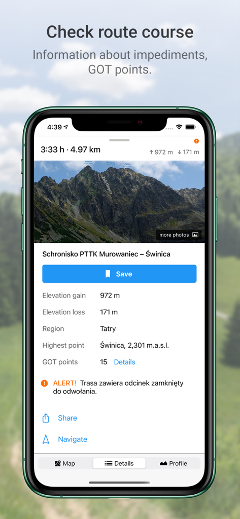Smartphone screen showing hiking route details for the Tatra Mountains in Poland including elevation and GOT points