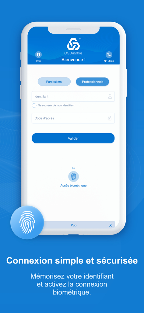Pantalla de inicio de sesión de la aplicación CGD Mobile mostrando campos de identificación y acceso seguro biométrico de huellas dactilares