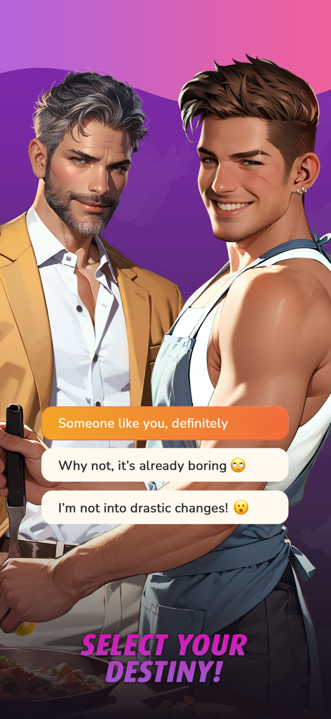 Love Eden: Chapters of Romance - Two handsome male characters in an interactive romance game with a choice menu displayed