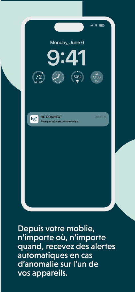 HE connect - Écran de verrouillage du smartphone affichant une notification de l'application HE Connect pour des alertes de température anormales.