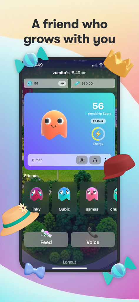 Zumichat app screen showing an AI character profile with a friendship score and friends list