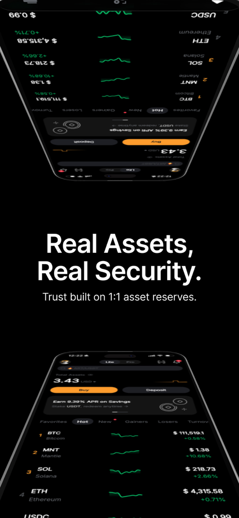 Bybit: Buy Bitcoin & Crypto - Bybit Mobile App-Oberfläche, die Kryptowährungspreise und Sicherheitsfunktionen anzeigt.
