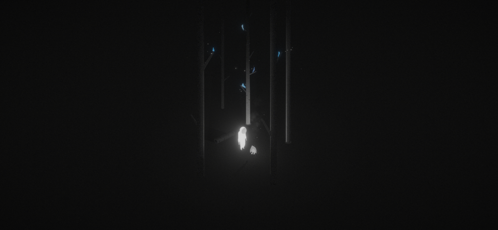 A glowing white character in a dark minimalist forest with blue lights