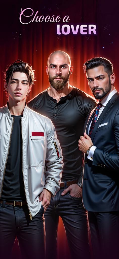 Three handsome male characters standing in front of a red curtain with the text Choose a Lover