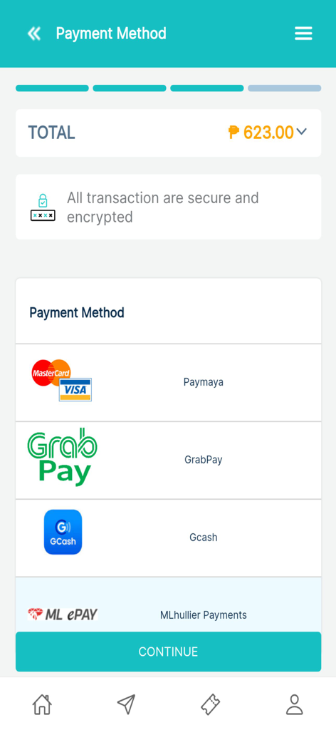 BARKOTA Ticket Booking - Barkota app payment selection screen featuring options for Visa, Mastercard, GrabPay, GCash, and MLhuillier