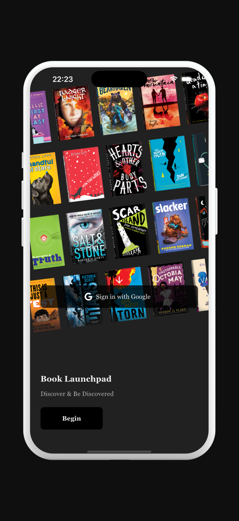 Kittap - Read & Write Books - Kittap mobile app landing page displaying a grid of book covers and a begin button