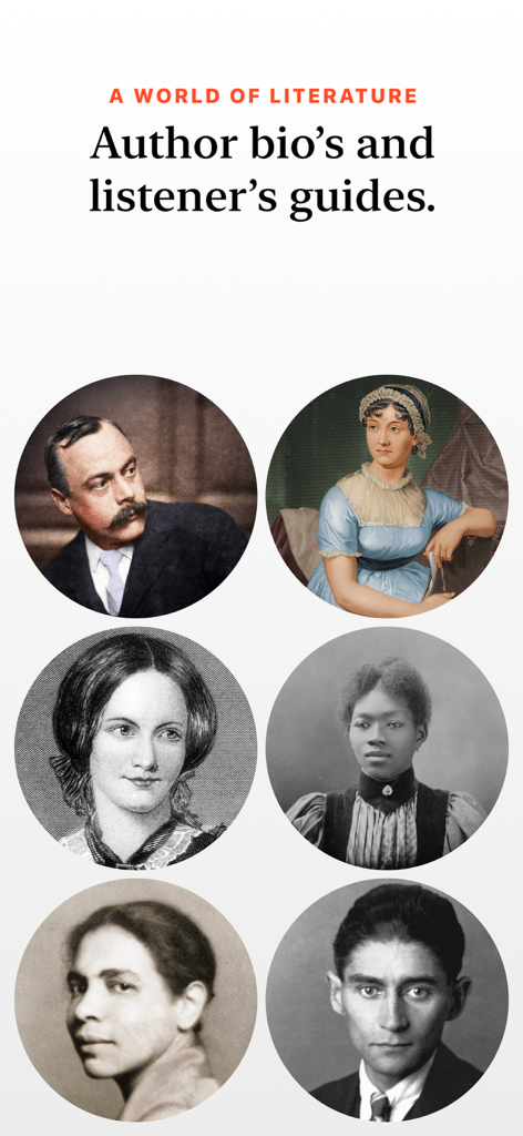 A group of classic author portraits highlighting the biographies and listener guides available in the app