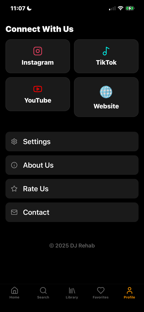 DJ Rehab Music - Profile screen of the DJ Rehab Music app featuring social media links and menu settings