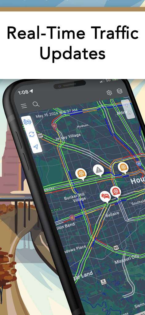 Houston TranStar app screen showing a map of Houston with real-time traffic flow and incident markers