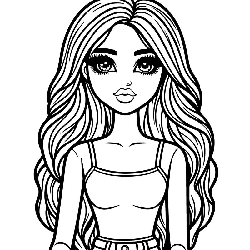 human with long hair with doll eyes  and has a realistic body and face with big lips that has a tank top and jeans