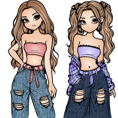 2 girls in crop tops and baggy jeans ripped