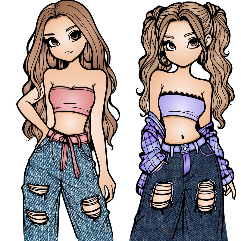 2 girls in crop tops and baggy jeans ripped