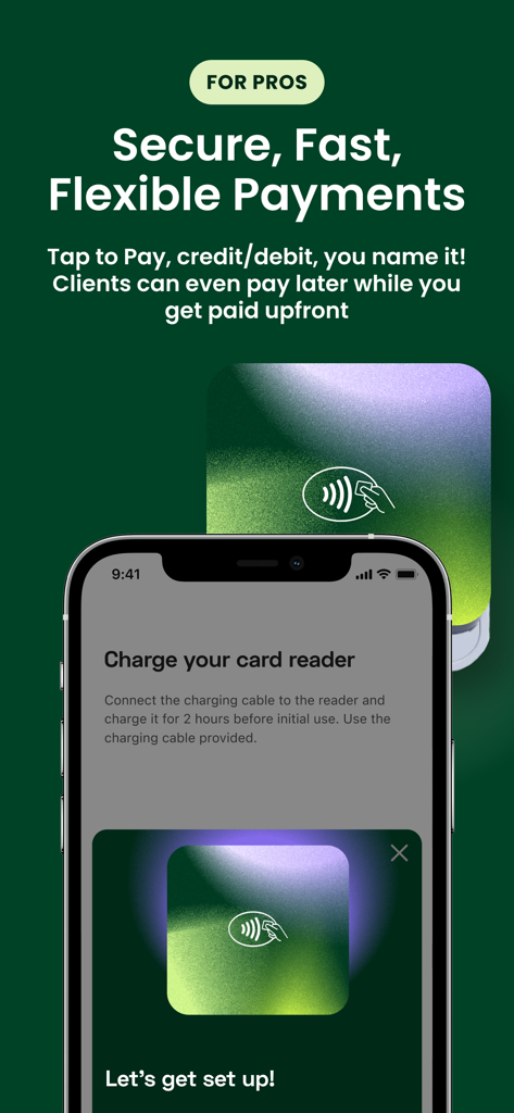 Interface do aplicativo StyleSeat mostrando configuração de pagamento segura para profissionais de beleza