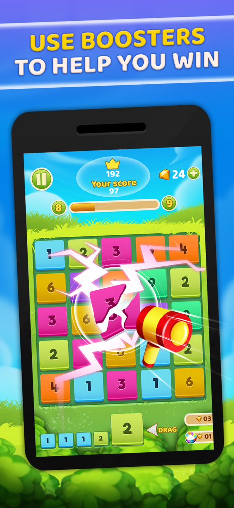 Mix Blox - Mix Blox mobile game interface showing a hammer booster breaking a numbered block on a colorful puzzle grid